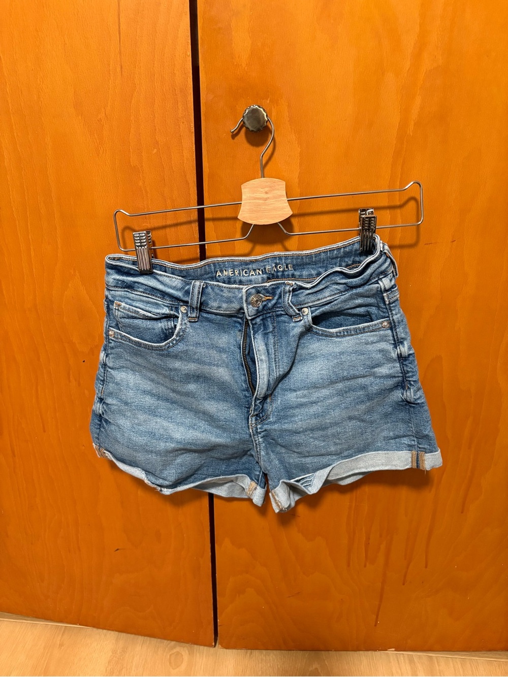 American Eagle Outfitters Washed Blue Denim Rolled-Hem Shorts
